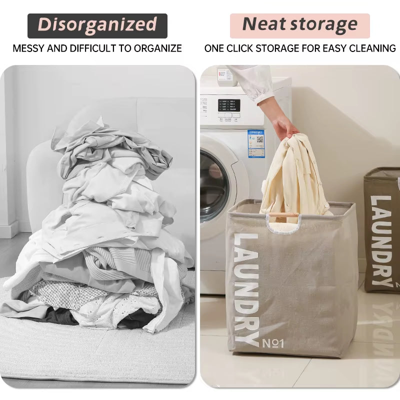 Polyester and Cotton Dirty Clothes Basket Collapsible Laundry Basket Hamper with Wooden Handle