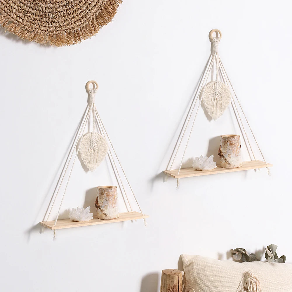 Enhance your home with our 2Pcs Wooden Wall Shelf Set! Featuring a charming macrame design and wood beads, these floating shelves add a stunning Nordic touch. Perfect for displaying plants, photos, and decor in a stylish boho aesthetic!