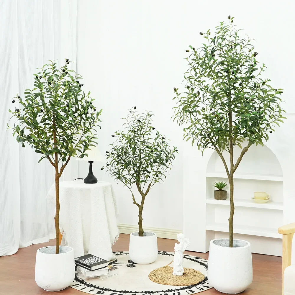 Trendy large artificial olive tree, perfect for home and garden decor. This faux green potted plant complements Nordic-style interiors, adding a touch of elegance and freshness to any space!