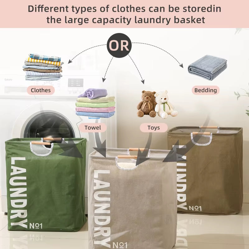 Polyester and Cotton Dirty Clothes Basket Collapsible Laundry Basket Hamper with Wooden Handle