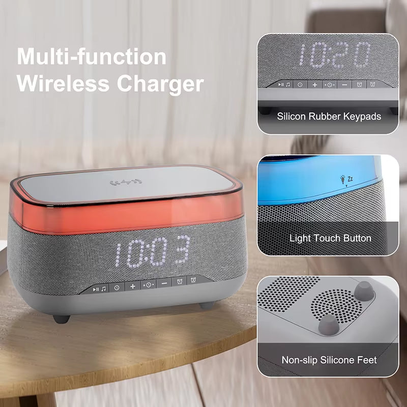 Introducing the 2024 Multifunction Charger! This 15W fast wireless charger features an RGB LED night light, Bluetooth music speaker, and alarm clock. Enhance your bedside with vibrant colors and convenience, all in one stylish device!