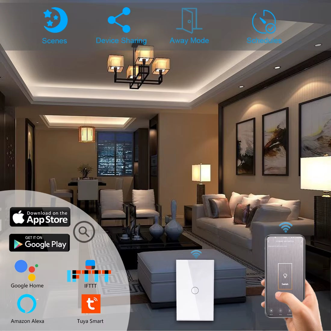 Smart Wifi Touch Switch No Neutral Wire Required Smart Home 1/2/3 Gang Light Switch 100-240V Works with Alexa Hey Google