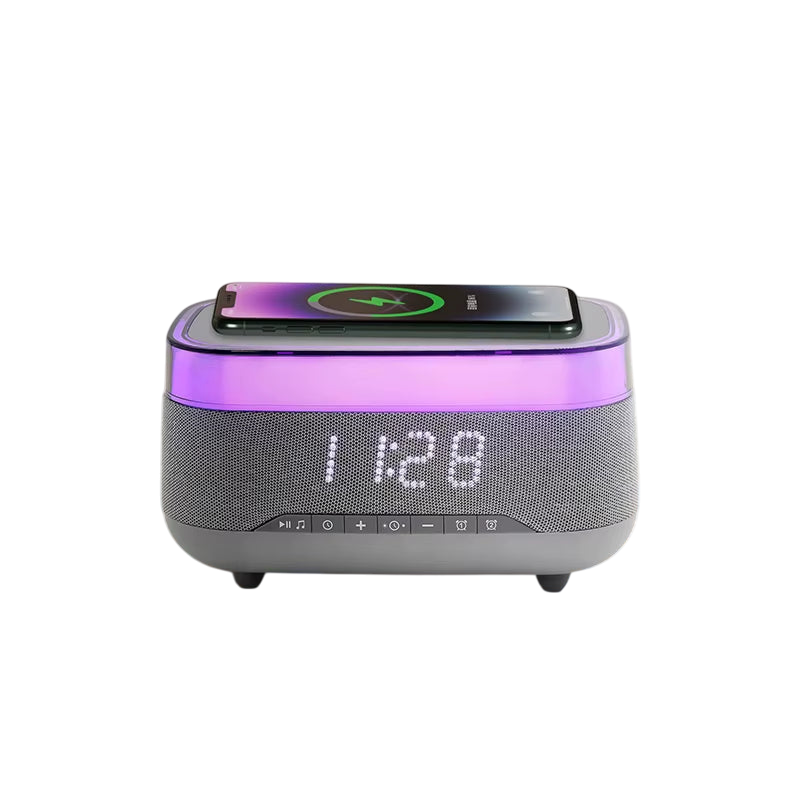 Introducing the 2024 Multifunction Charger! This 15W fast wireless charger features an RGB LED night light, Bluetooth music speaker, and alarm clock. Enhance your bedside with vibrant colors and convenience, all in one stylish device!