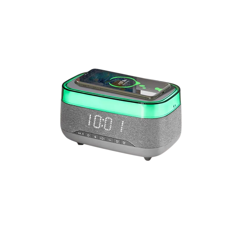 Introducing the 2024 Multifunction Charger! This 15W fast wireless charger features an RGB LED night light, Bluetooth music speaker, and alarm clock. Enhance your bedside with vibrant colors and convenience, all in one stylish device!