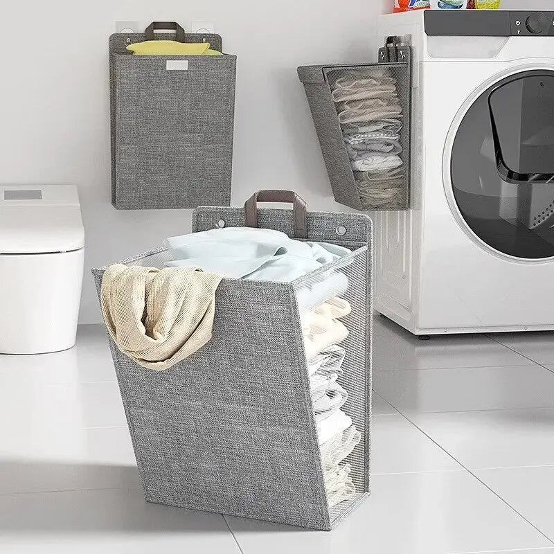 1Pc Foldable Adhesive Laundry Basket Hamper, Multifunctional Punch Free Wall Hanging Washing Clothes Mesh Hook Organizer