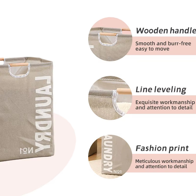 Polyester and Cotton Dirty Clothes Basket Collapsible Laundry Basket Hamper with Wooden Handle