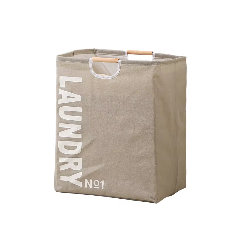 Polyester and Cotton Dirty Clothes Basket Collapsible Laundry Basket Hamper with Wooden Handle