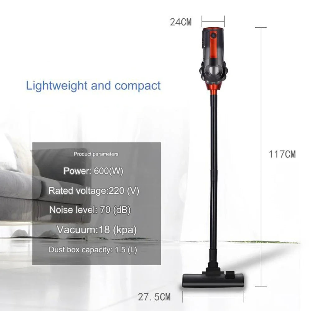 Clean effortlessly with our 600W Powerful Wired Stick Vacuum Cleaner! With 18Kpa suction, a 5-meter cable, and a spacious 1.5L dust box, it's perfect for all surfaces, including curtains and floors. Experience powerful cleaning today!