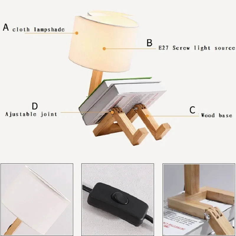 Illuminate your space with our Adjusted Robot Shape Table Lamp! This unique E27 lamp features a wooden and fabric design, perfect for bedrooms or study rooms. Its foldable structure offers versatility for any setting. Enhance your decor today!