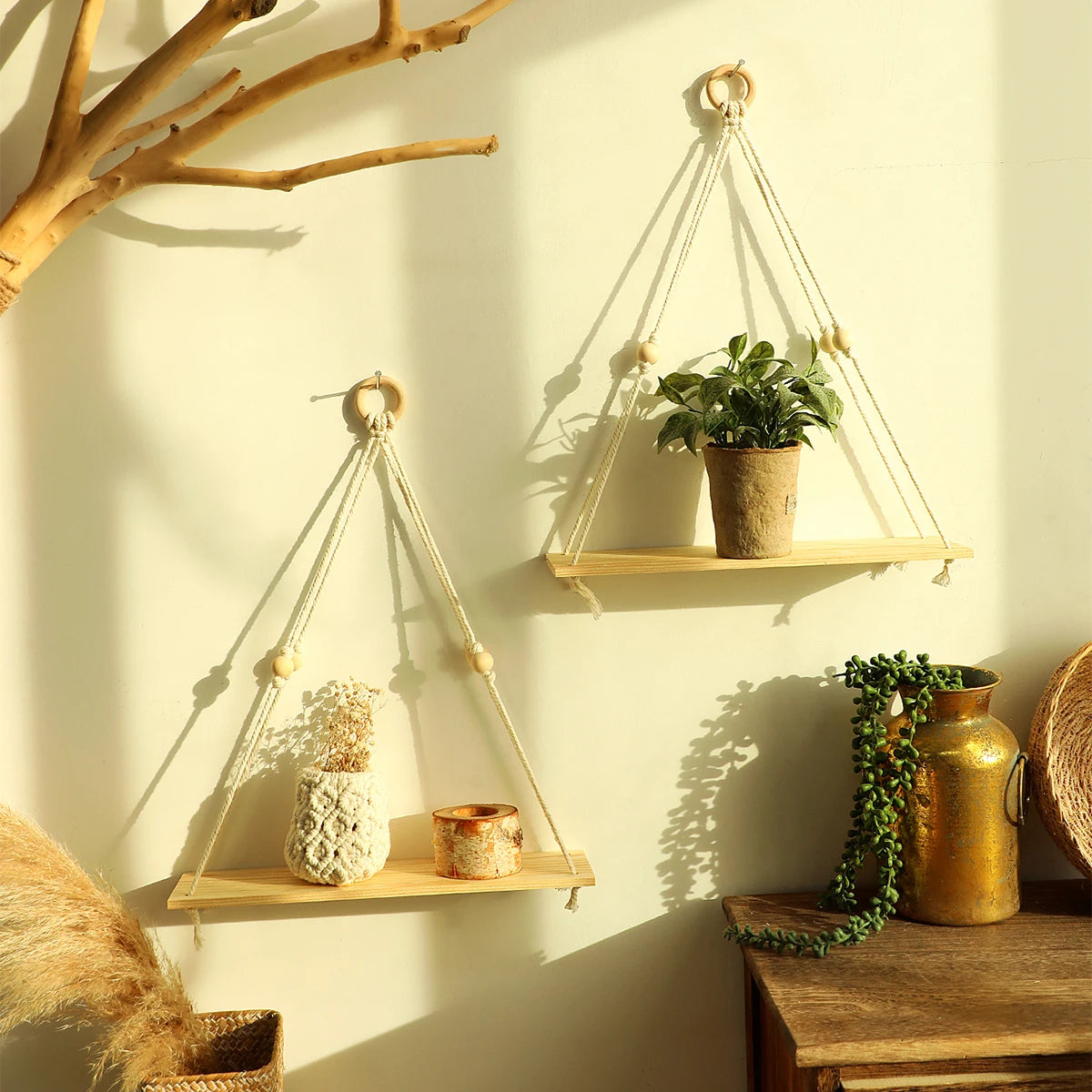 Enhance your home with our 2Pcs Wooden Wall Shelf Set! Featuring a charming macrame design and wood beads, these floating shelves add a stunning Nordic touch. Perfect for displaying plants, photos, and decor in a stylish boho aesthetic!