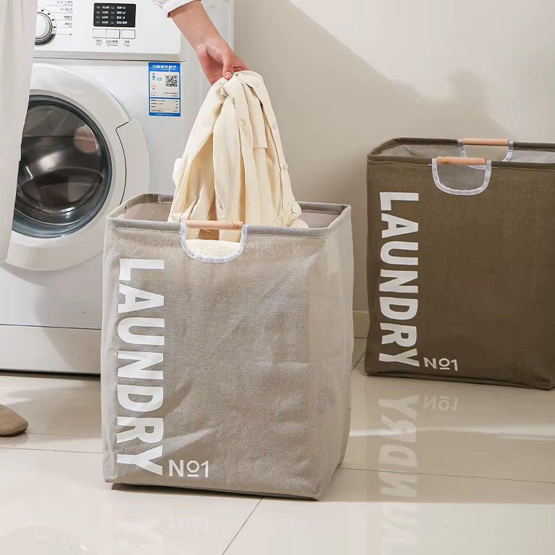 Polyester and Cotton Dirty Clothes Basket Collapsible Laundry Basket Hamper with Wooden Handle