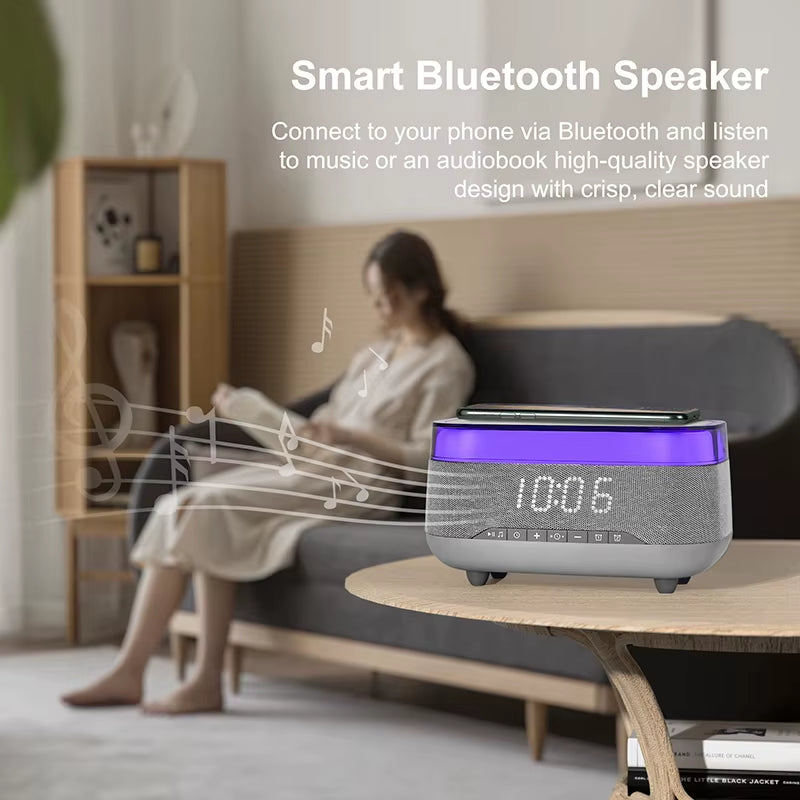 Introducing the 2024 Multifunction Charger! This 15W fast wireless charger features an RGB LED night light, Bluetooth music speaker, and alarm clock. Enhance your bedside with vibrant colors and convenience, all in one stylish device!