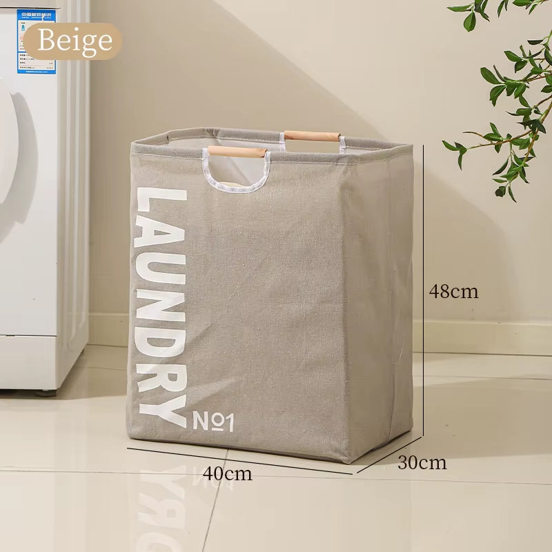 Polyester and Cotton Dirty Clothes Basket Collapsible Laundry Basket Hamper with Wooden Handle