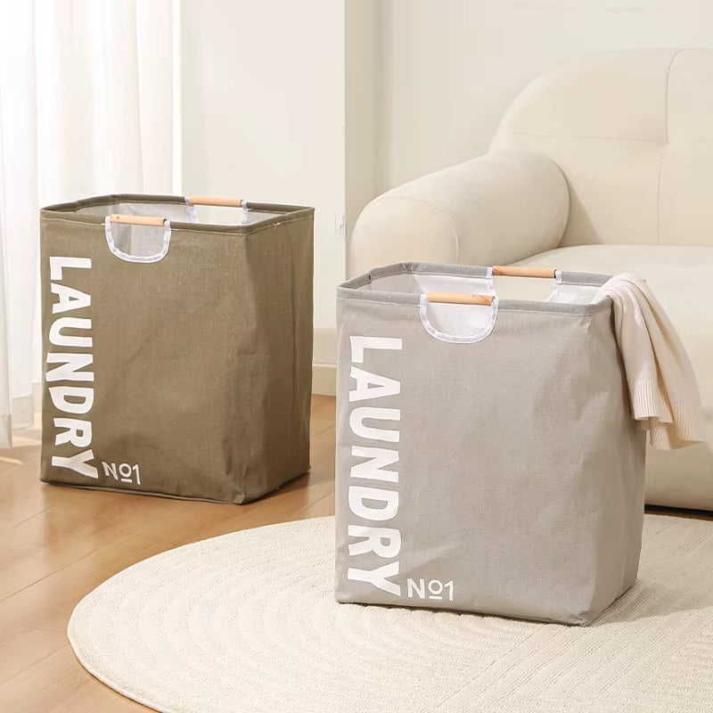 Polyester and Cotton Dirty Clothes Basket Collapsible Laundry Basket Hamper with Wooden Handle