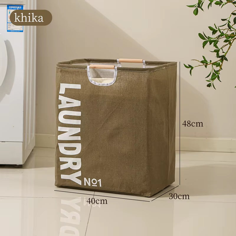 Polyester and Cotton Dirty Clothes Basket Collapsible Laundry Basket Hamper with Wooden Handle