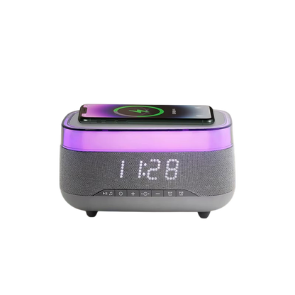 Introducing the 2024 Multifunction Charger! This 15W fast wireless charger features an RGB LED night light, Bluetooth music speaker, and alarm clock. Enhance your bedside with vibrant colors and convenience, all in one stylish device!