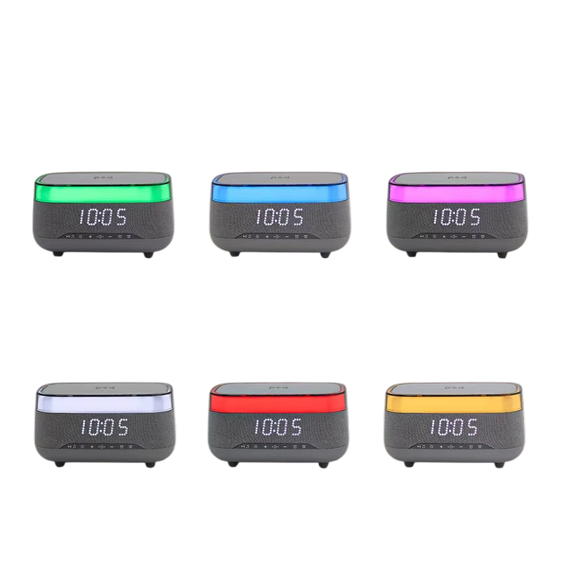 Introducing the 2024 Multifunction Charger! This 15W fast wireless charger features an RGB LED night light, Bluetooth music speaker, and alarm clock. Enhance your bedside with vibrant colors and convenience, all in one stylish device!