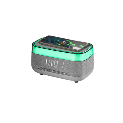 Introducing the 2024 Multifunction Charger! This 15W fast wireless charger features an RGB LED night light, Bluetooth music speaker, and alarm clock. Enhance your bedside with vibrant colors and convenience, all in one stylish device!