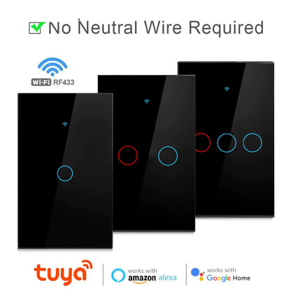 Smart Wifi Touch Switch No Neutral Wire Required Smart Home 1/2/3 Gang Light Switch 100-240V Works with Alexa Hey Google