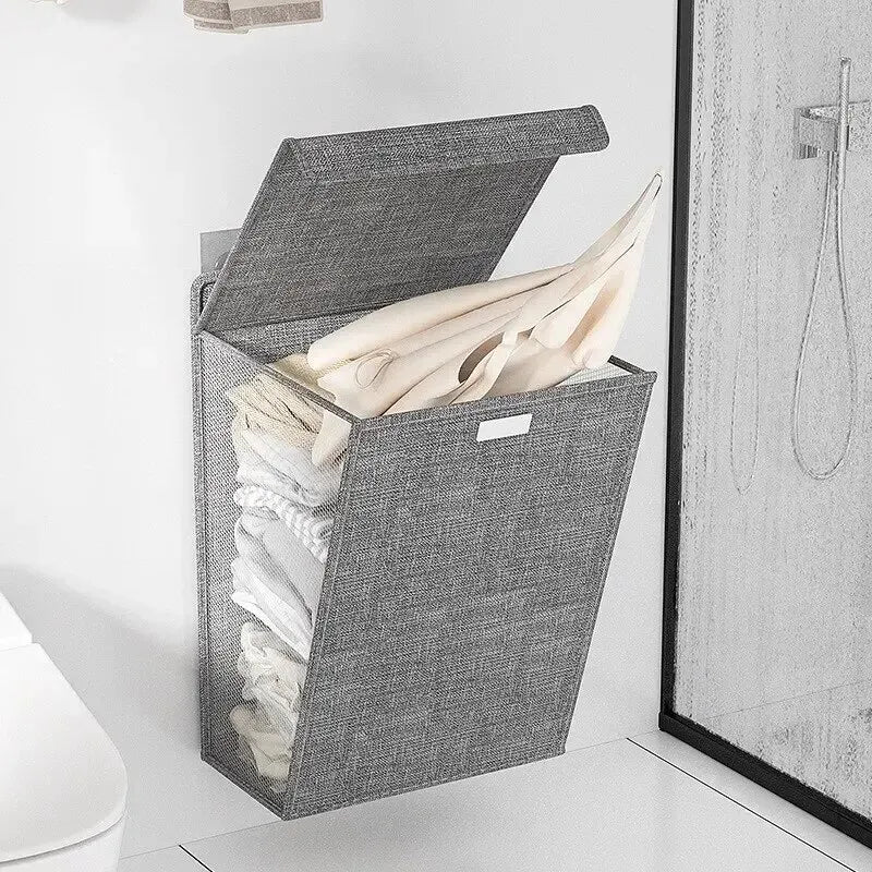 1Pc Foldable Adhesive Laundry Basket Hamper, Multifunctional Punch Free Wall Hanging Washing Clothes Mesh Hook Organizer