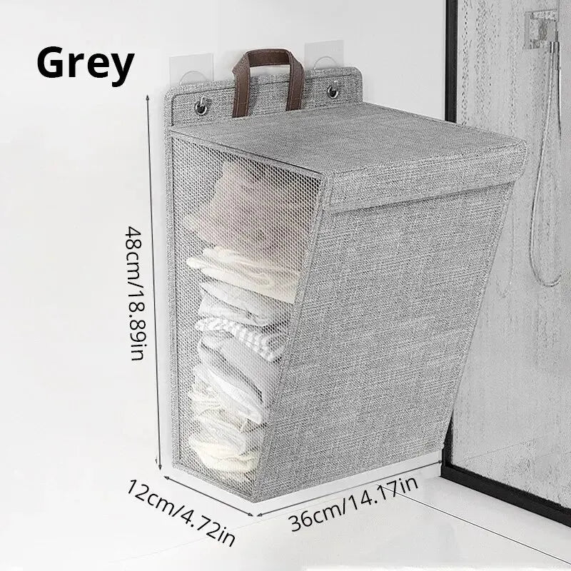 1Pc Foldable Adhesive Laundry Basket Hamper, Multifunctional Punch Free Wall Hanging Washing Clothes Mesh Hook Organizer