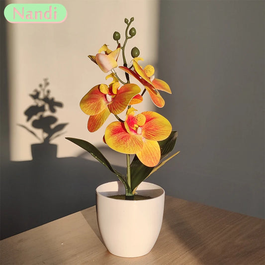 Bonsai simulated butterfly orchid, an elegant artificial potted plant for desks, dining tables, and home offices. Ideal for weddings, gifting, or enhancing any room decor!