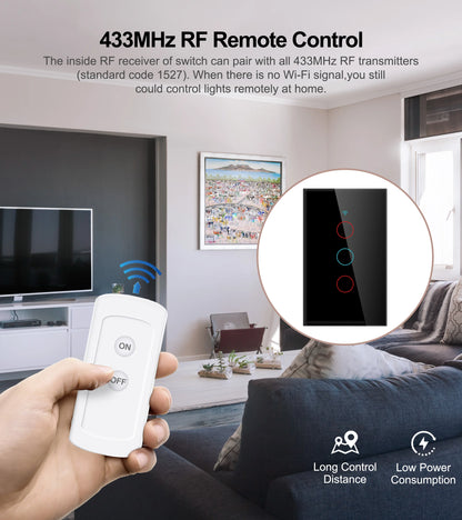 Smart Wifi Touch Switch No Neutral Wire Required Smart Home 1/2/3 Gang Light Switch 100-240V Works with Alexa Hey Google