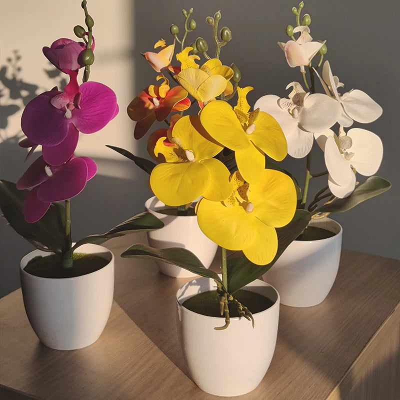 Bonsai simulated butterfly orchid, an elegant artificial potted plant for desks, dining tables, and home offices. Ideal for weddings, gifting, or enhancing any room decor!